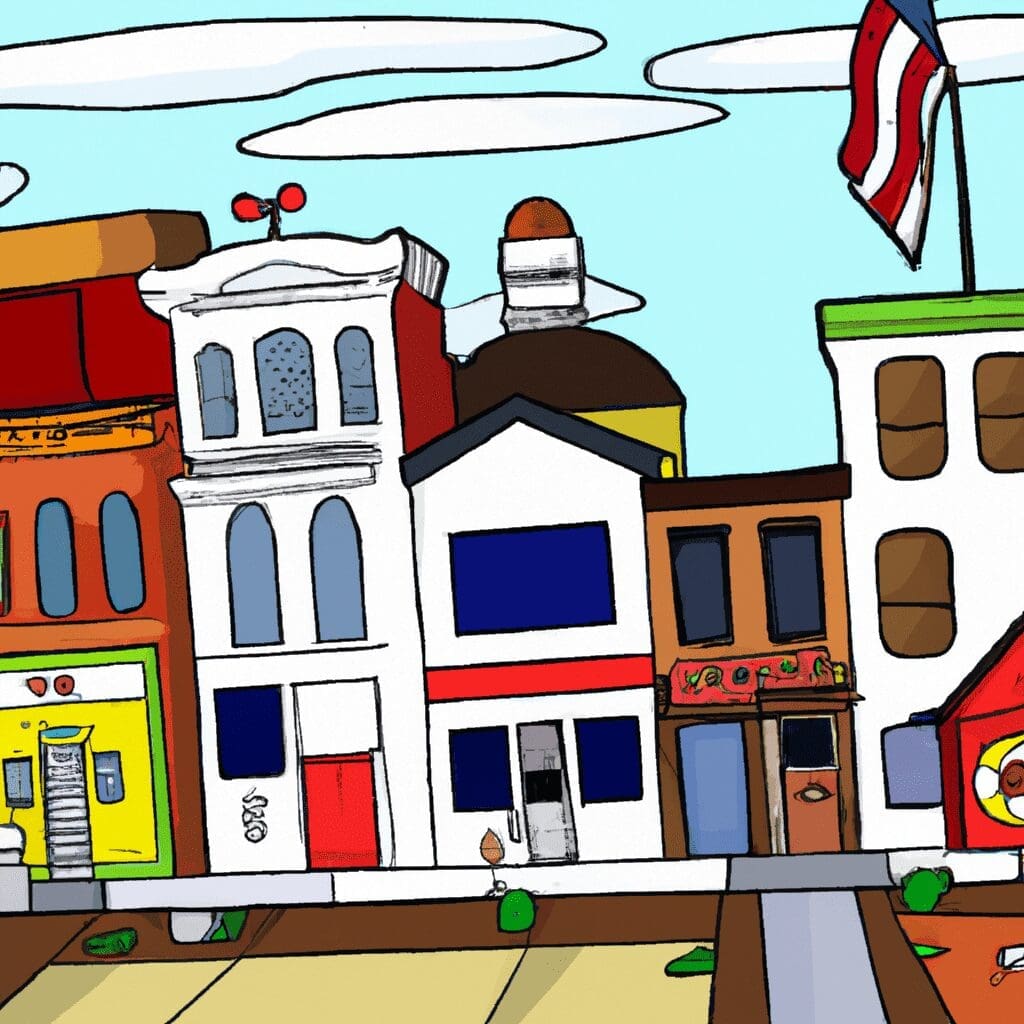 build image of a smalltown usa in cartoon format