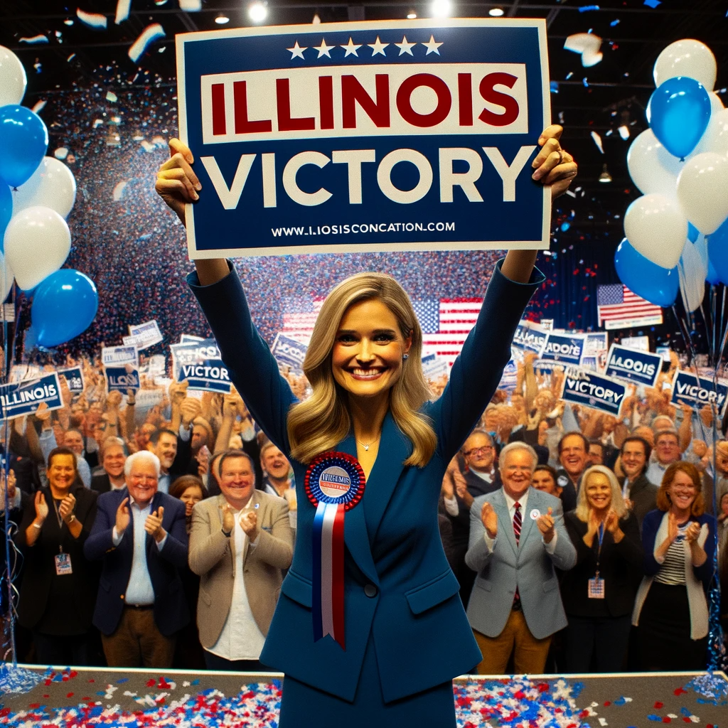 Photo of a conservative female candidate in Illinois standing triumphantly on a stage, surrounded by cheering supporters. She holds an 'Illinois Victo