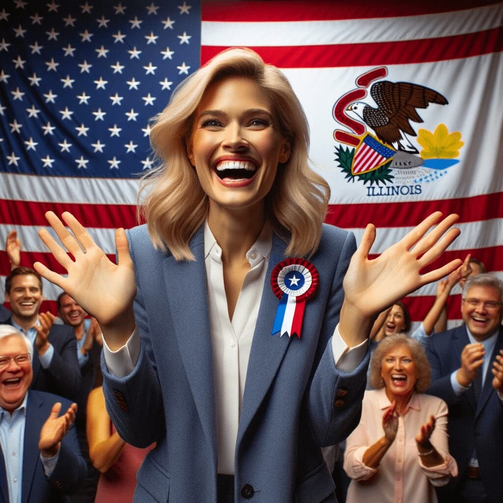 Photo of a joyous conservative female candidate in Illinois with her hands raised in celebration. Behind her is a backdrop featuring the Illinois stat