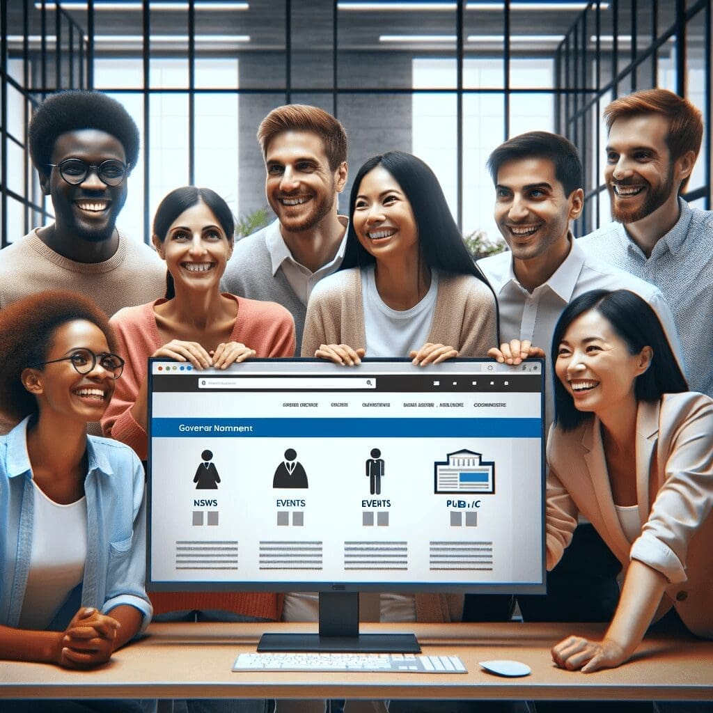 A group of people of different ethnicities and genders, smiling and looking at a large monitor displaying a government website.