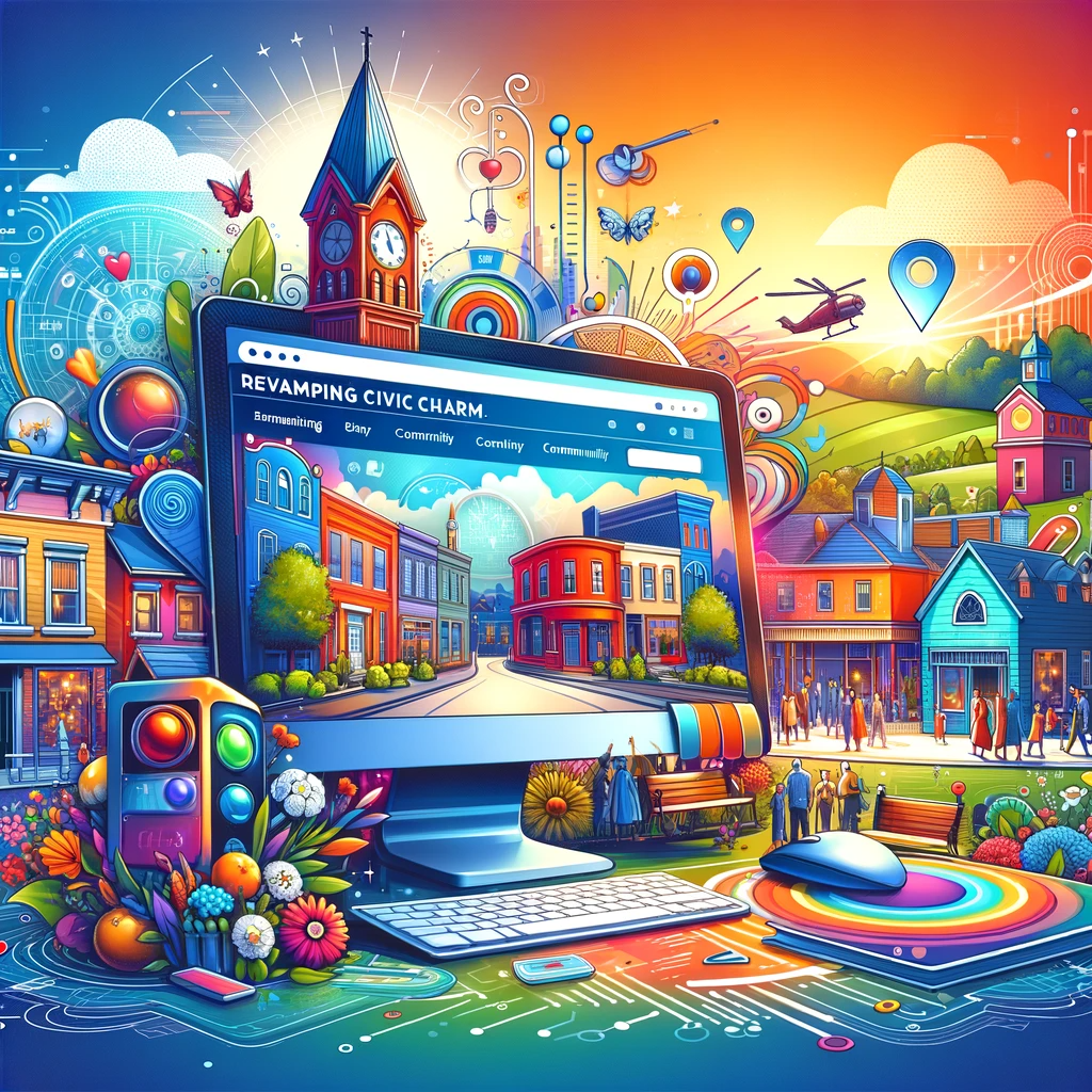 A vibrant and engaging image illustrating the theme 'Revamping Civic Charm_ Unlocking the Delightful Secrets of Municipal Website Design'. The image s