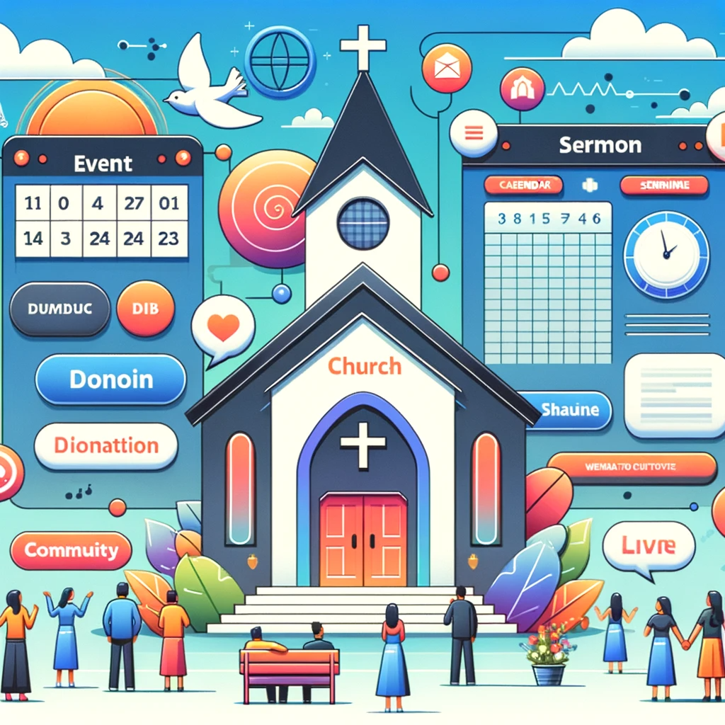 modern design representing a church website with features like event calendar, sermon section, donation button, and community