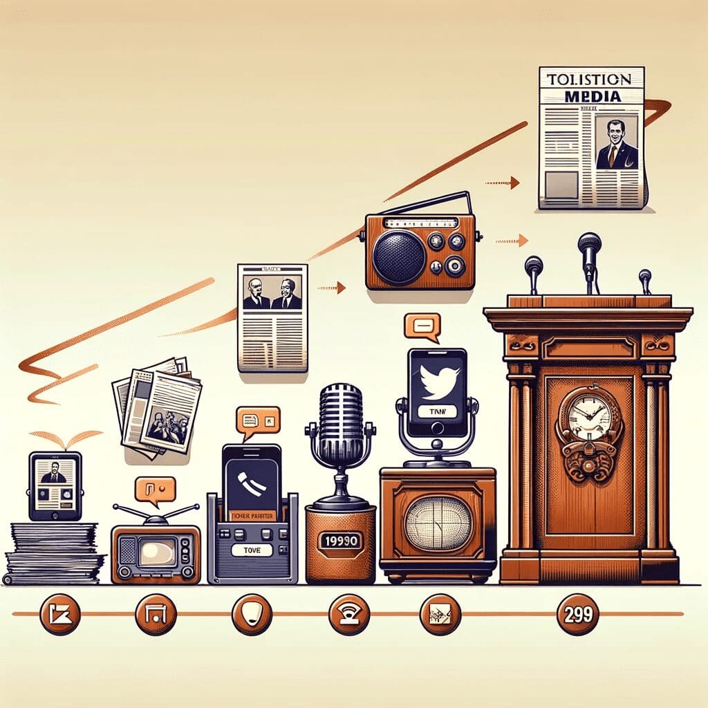 Illustration showing the evolution of media and messaging for politicians, transitioning from traditional methods like newspapers, radios, and public