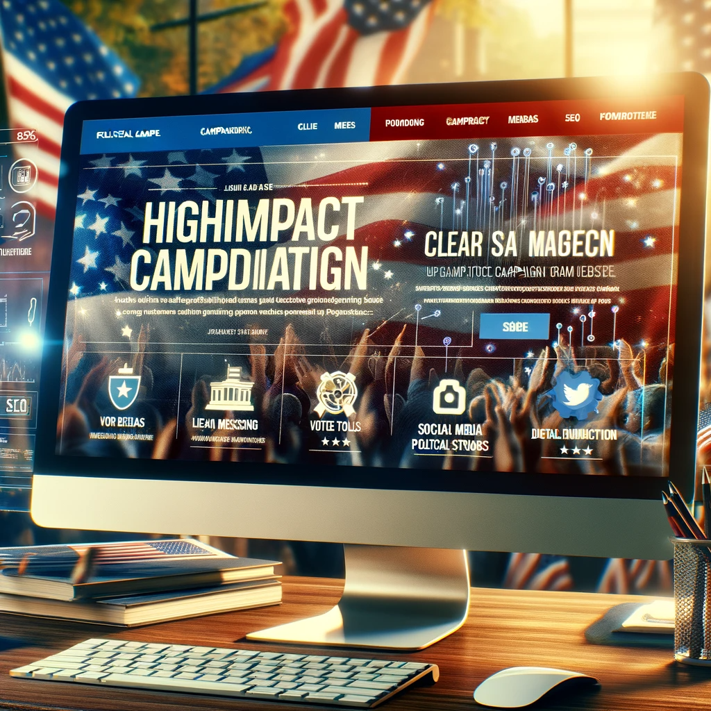 A visually engaging political campaign website displayed on a computer screen, showcasing features like clear messaging, user-friendly design,