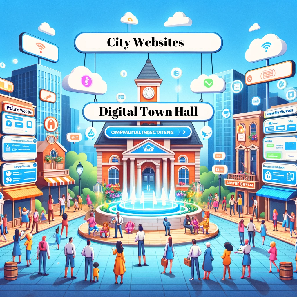 City Websites. Engage with your community online through our Digital Town Hall platform, illustrated here as the heart of city's virtual services. This colorful illustration showcases a bustling town square with animated residents and a central town hall, surrounded by a network of digital services. The image captures the essence of a connected, modern city where healthcare, security, community news, and more are easily accessible online, fostering a seamless and interactive urban experience. Perfect for municipal websites looking to illustrate their digital transformation and commitment to accessible online services.