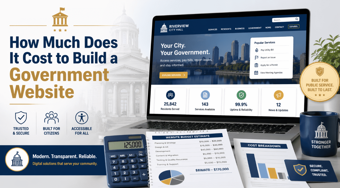 How Much Does It Cost to Build a Government Website — illustration of a modern municipal website mockup with a budget estimate sheet, calculator, and cost-breakdown chart, featuring SnapSite's trusted, secure, and accessible design principles.
