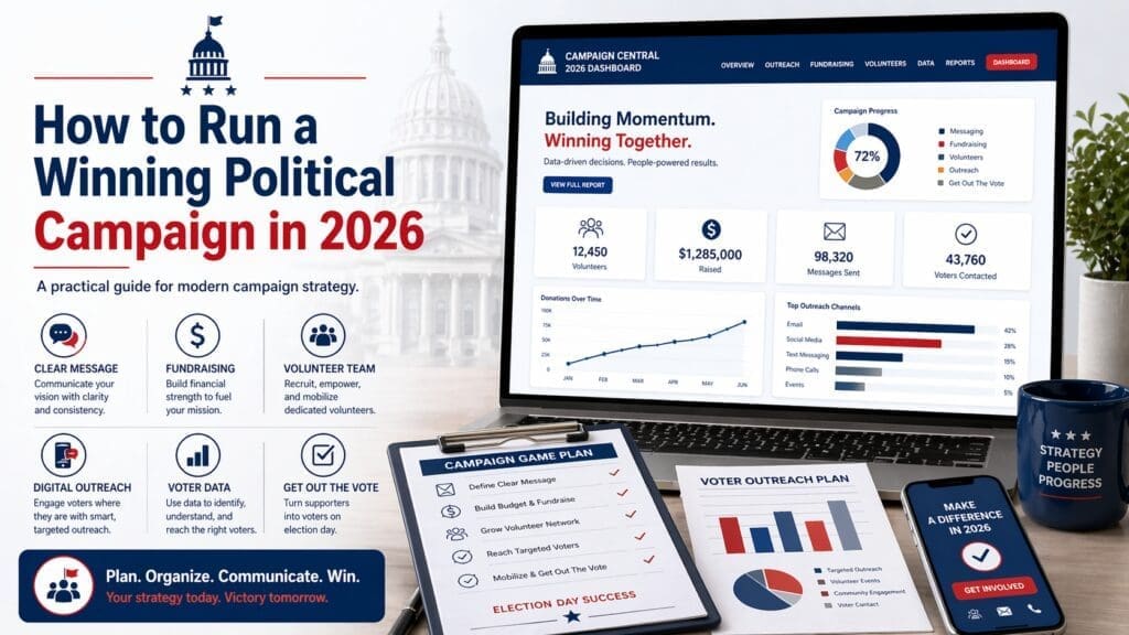 How to run a winning political campaign — candidate meeting voters at a community event, campaign strategy planning, and modern campaign tools.